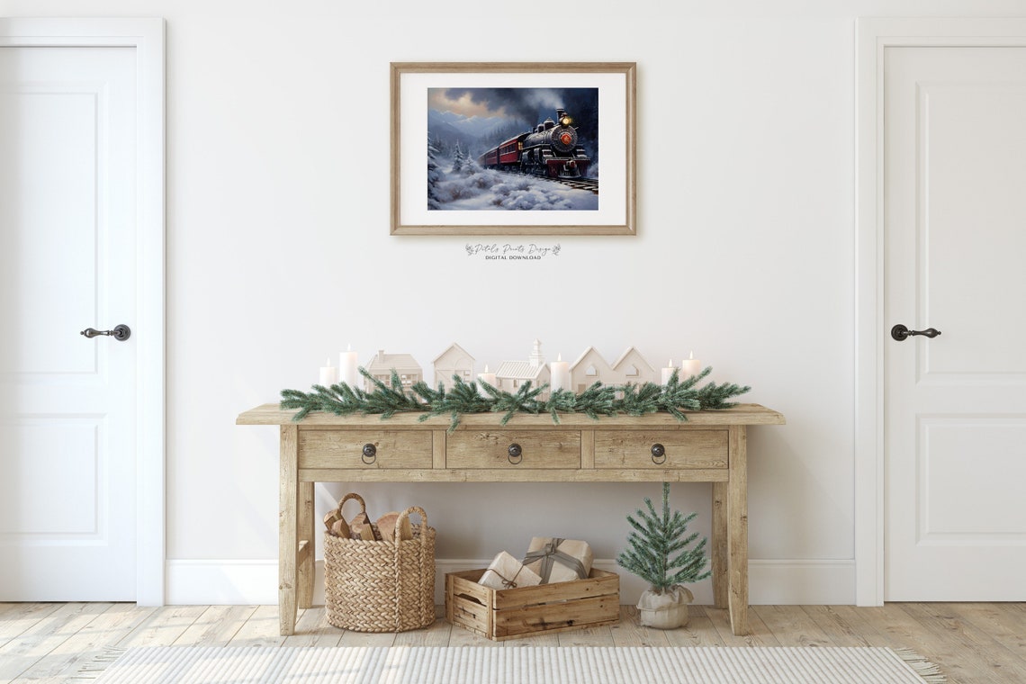 Vintage Steam Train Snowy Mountain Night Winter Landscape Poster - Image 2