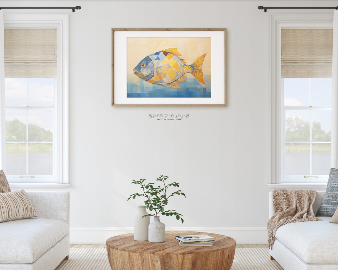 Geometric Mosaic Fish in Blue Gold Triangles Abstract Art Poster - Image 2