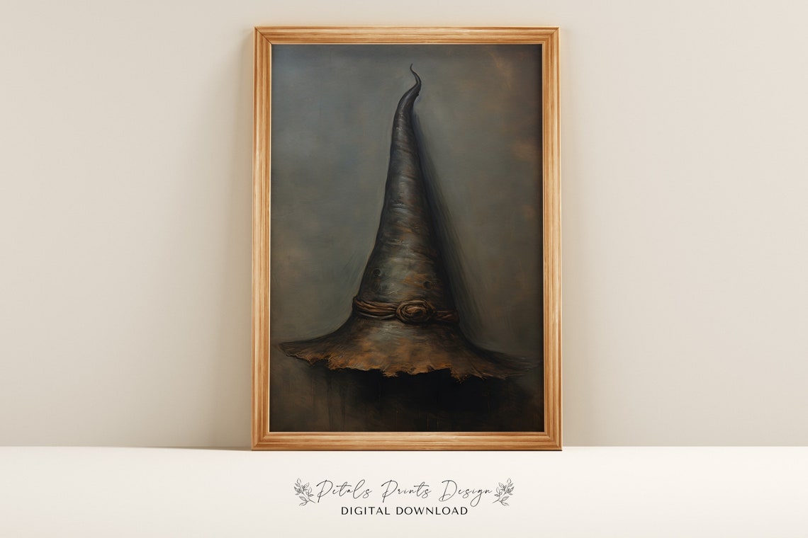 Vintage Witch Hat Painting, Rustic Halloween Decor