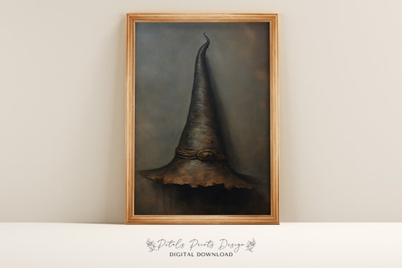 Vintage Witch Hat Painting, Rustic Halloween Decor
