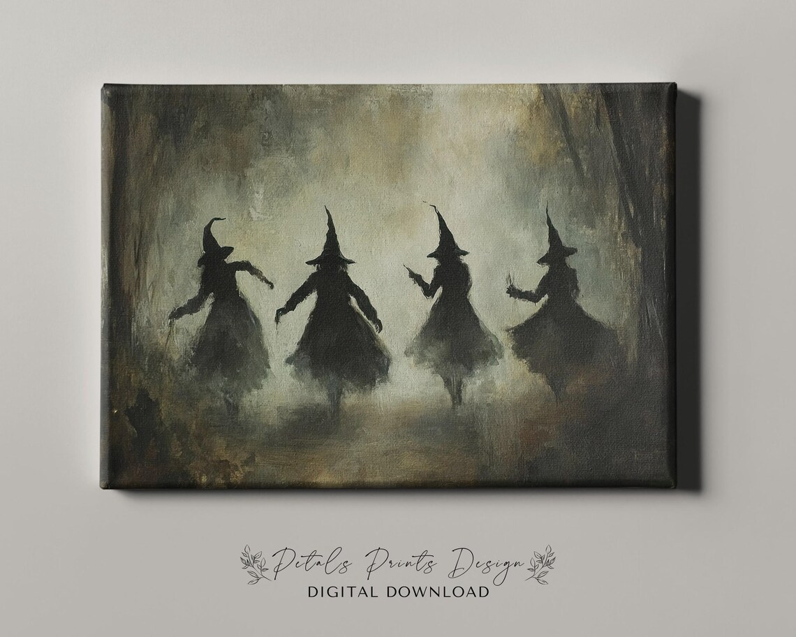 Four Witches Dancing in Mist Dark Moody Vintage Halloween Art Poster - Image 4