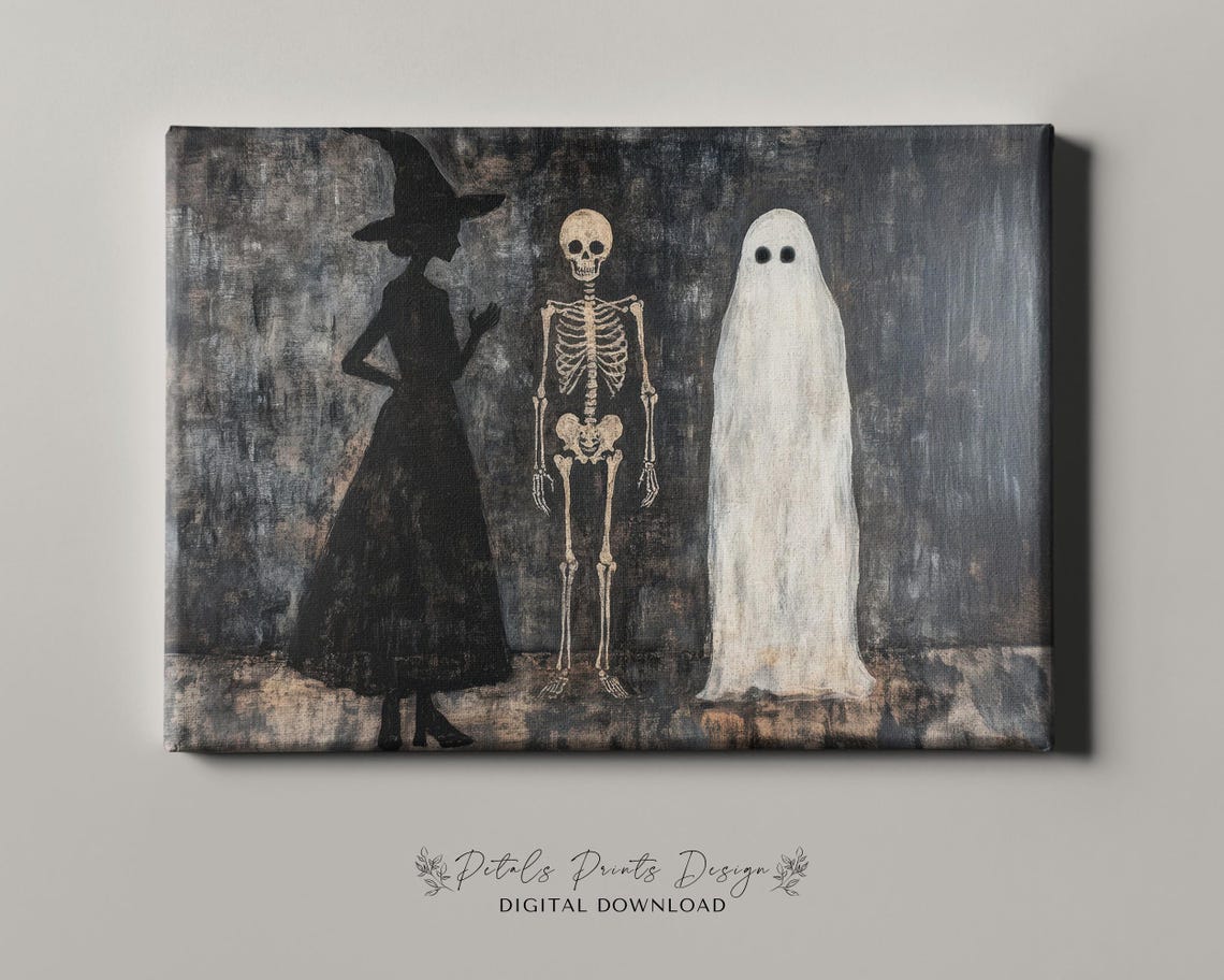 Spooky Halloween Trio Witch Skeleton Ghost Dark Painting Poster - Image 4