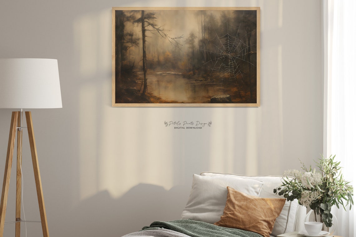 Spider Web Misty Pond Reflection Forest Vintage Halloween Poster - Image 2
