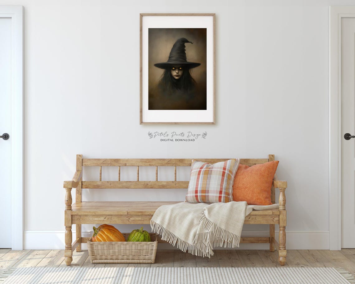 Witch Portrait With Glowing Eyes Black Hat Gothic Halloween Poster - Image 3