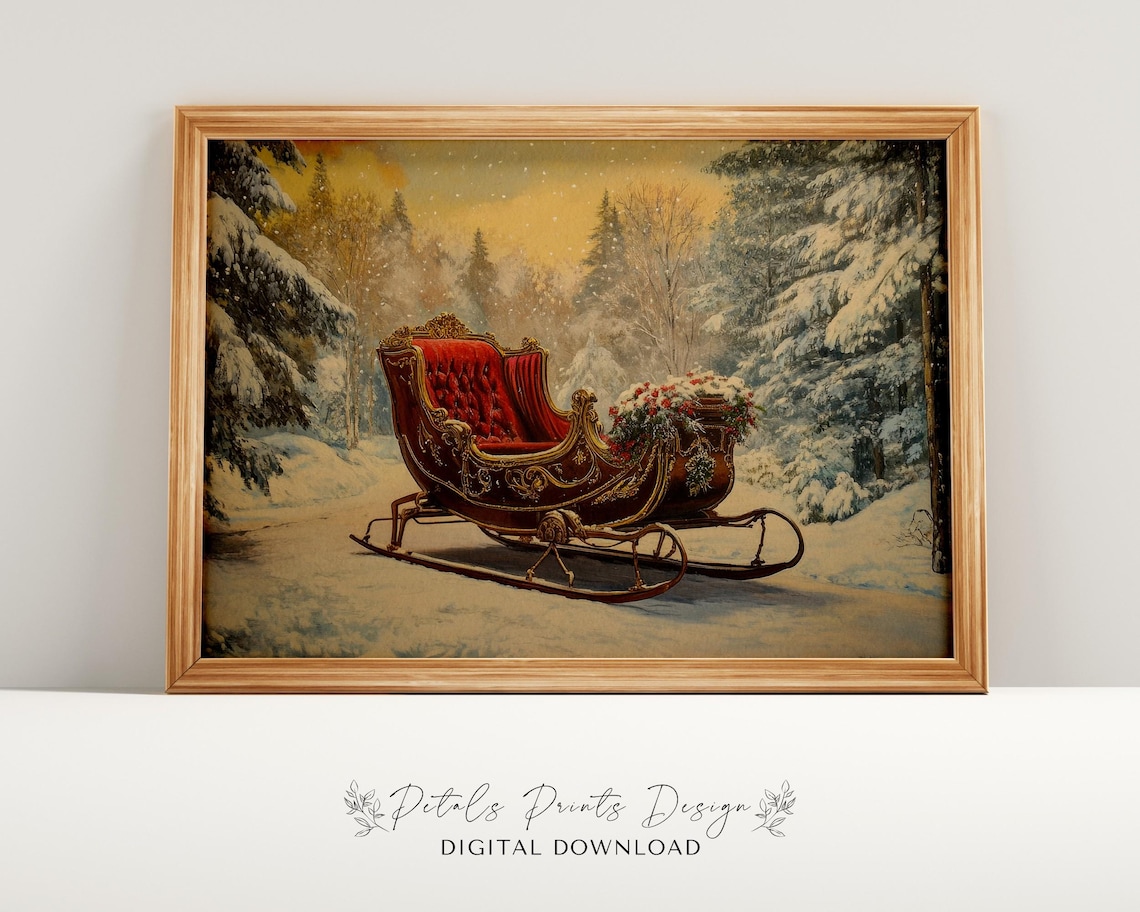 Vintage Red Sleigh In Snowy Forest Christmas Winter Painting Poster