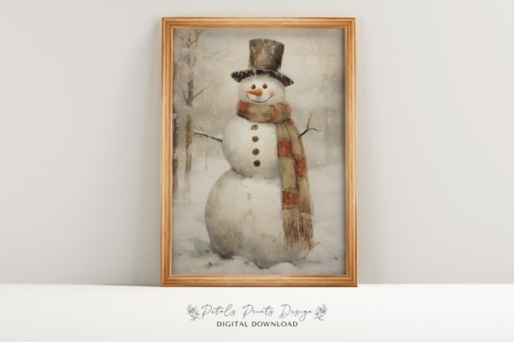 Vintage Snowman Painting Rustic Christmas Art Print
