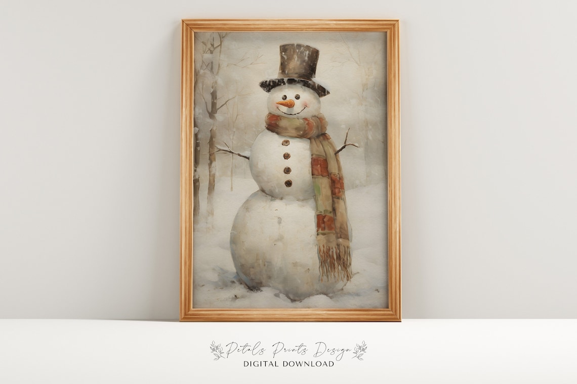 Vintage Snowman Painting Rustic Christmas Art Print