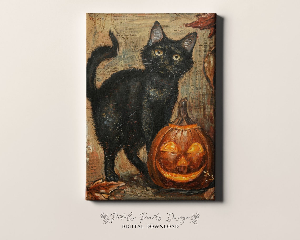 Black Cat With Jack O Lantern Vintage Halloween Painting Poster - Image 4
