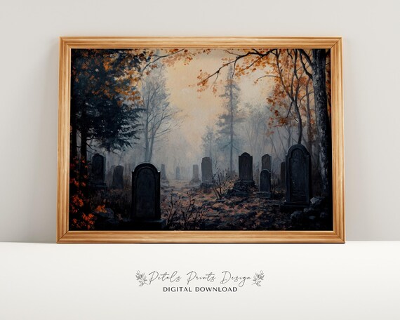 Foggy Old Cemetery Gravestones Bare Trees Moody Winter Wall Art