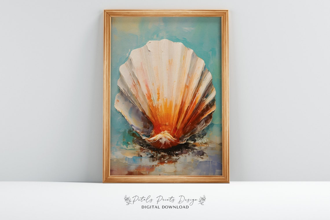 Scallop Shell Orange Turquoise Coastal Seashell Oil Painting Poster