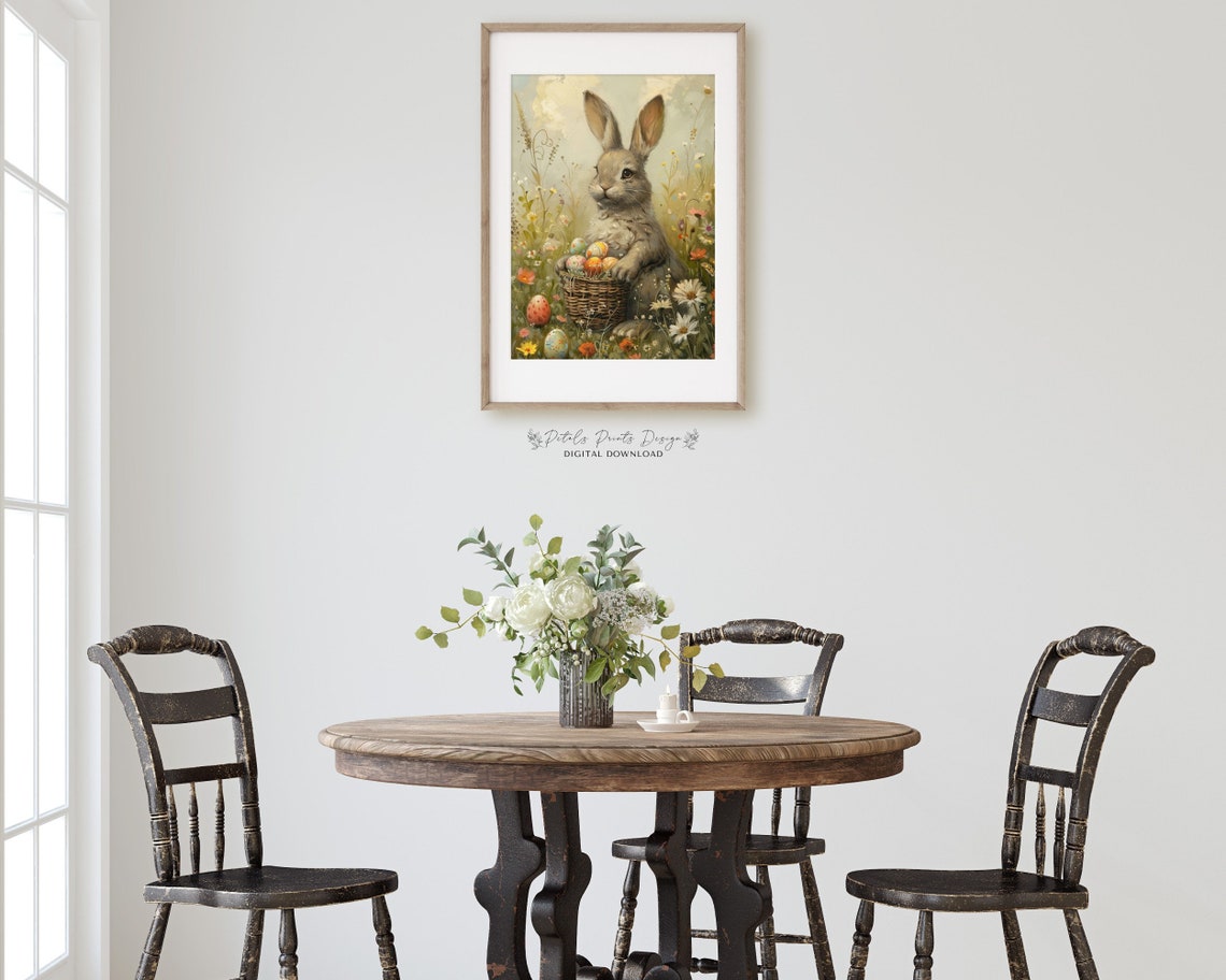Grey Bunny with Basket of Easter Eggs Vintage Spring Painting Poster - Image 3