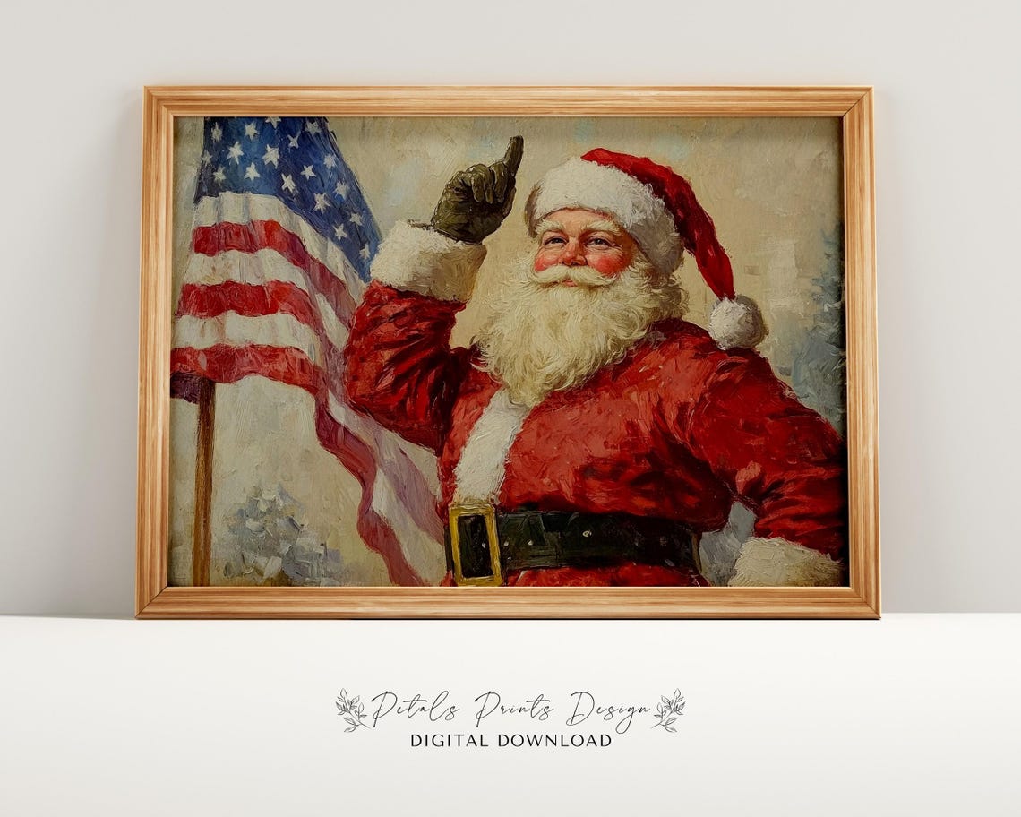Santa Claus Tipping His Hat Beside American Flag Patriotic Art Poster