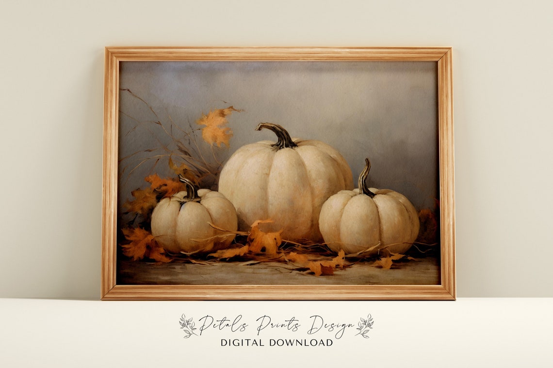 Vintage Pumpkin Still Life Painting Rustic Autumn Wall Art