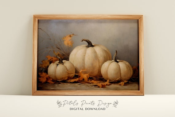 Vintage Pumpkin Still Life Painting Rustic Autumn Wall Art