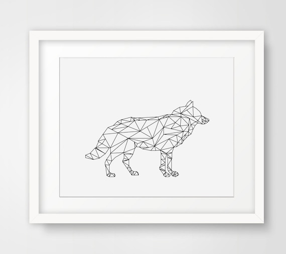 Geometric Wolf Low Poly Line Art Black White Modern Wildlife Print