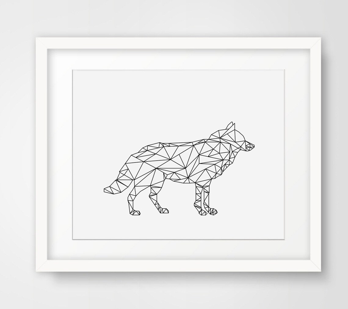 Geometric Wolf Low Poly Line Art Black White Modern Wildlife Print