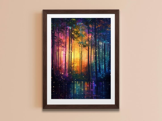 Maximalist Landscape Art Print Large Night Forest Art Bold Colorful Fantasy Wall Decor Living Room Bedroom Prints