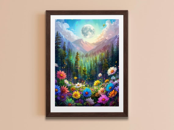 Floral Moon Dopamine Art Print Wildflower Print Bold Colorful Wall Art Whimsical Floral Decor Maximalist Art Print For Living Room