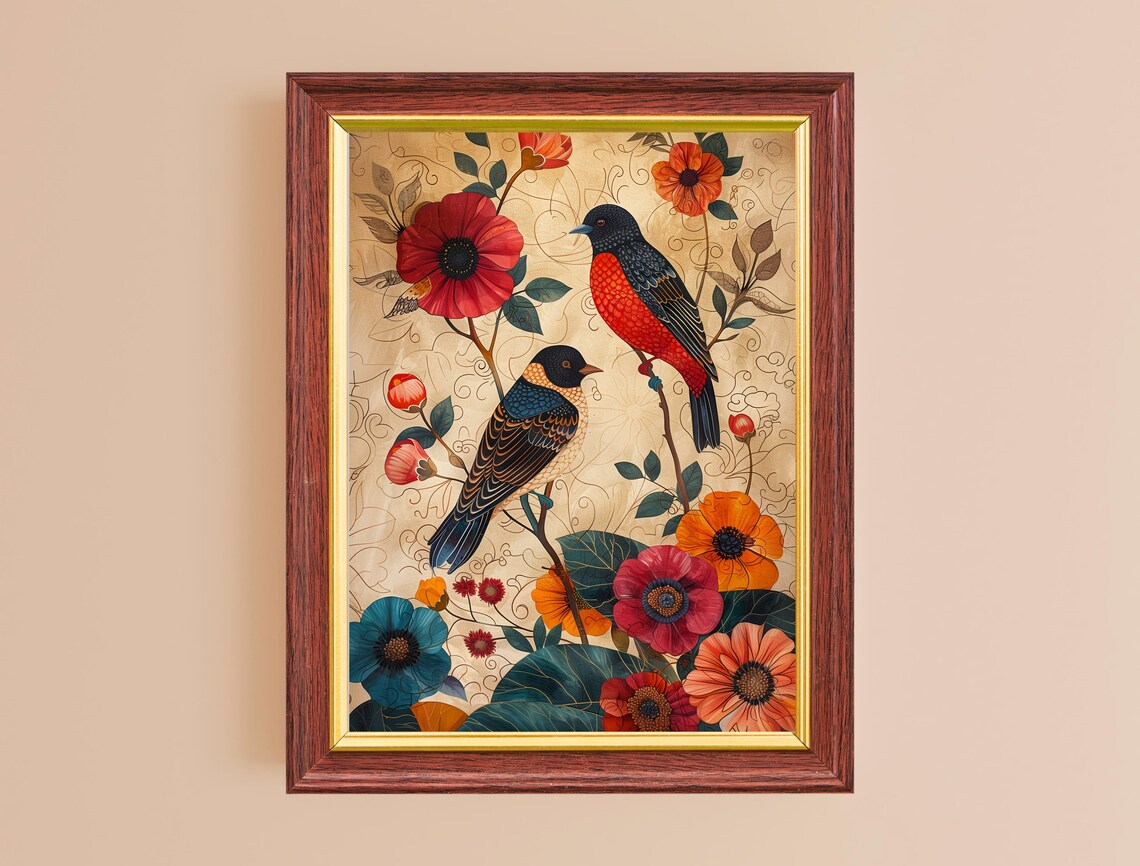 Two Songbirds Floral Illustration Art Nouveau Vintage Bird Wall Poster