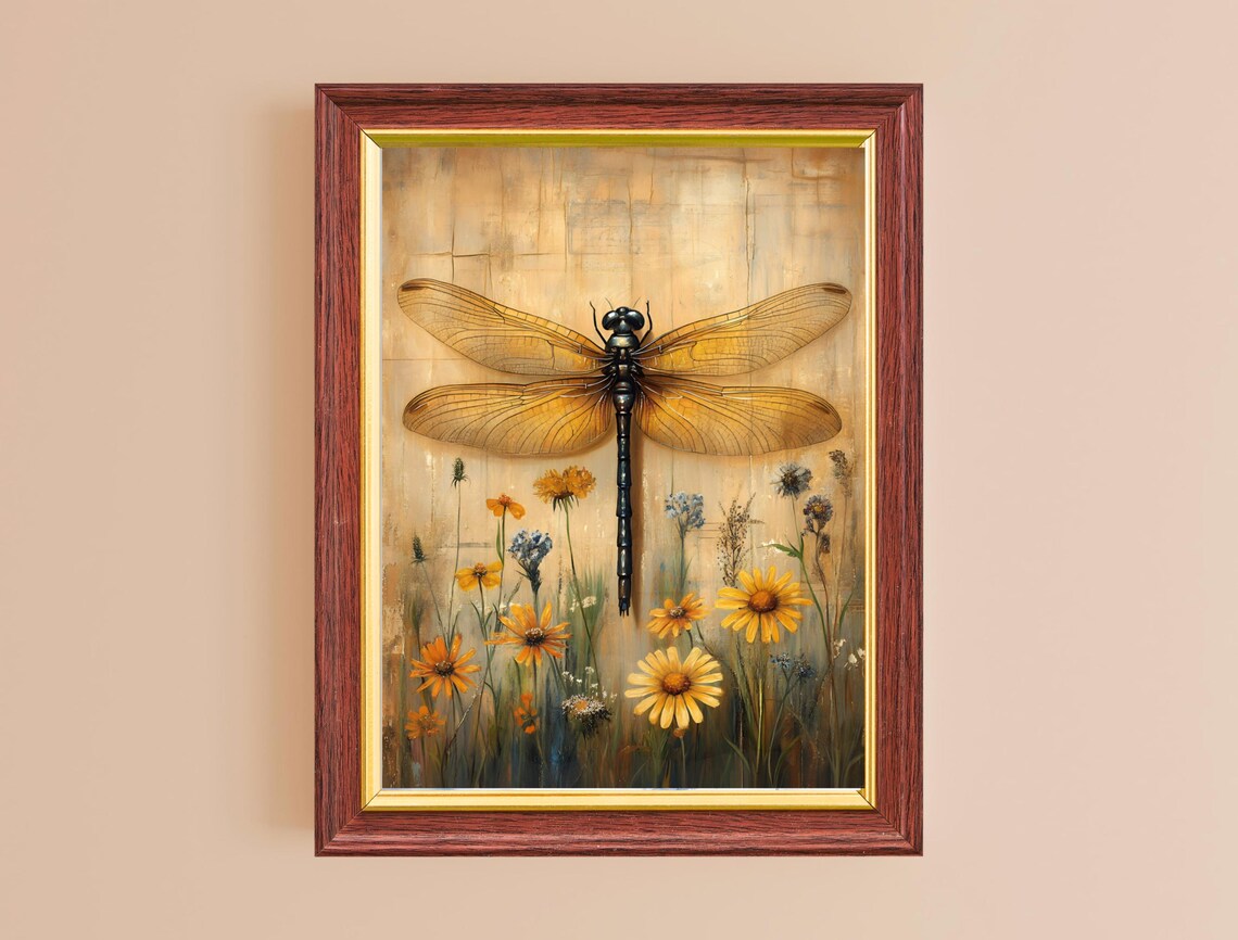 Golden Dragonfly Wildflowers Vintage Parchment Botanical Wall Art Print - Image 2