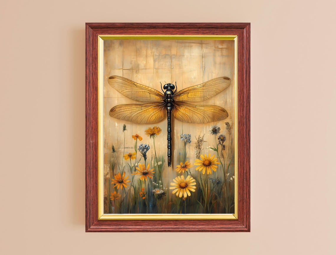 Golden Dragonfly Yellow Daisies Aged Parchment Botanical Art Print - Image 2