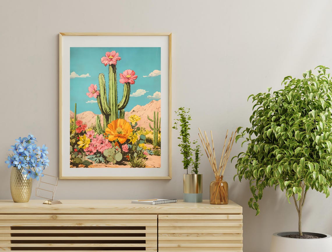 Saguaro Cactus Pink Blooms Desert Wildflower Vintage Botanical Poster - Image 3