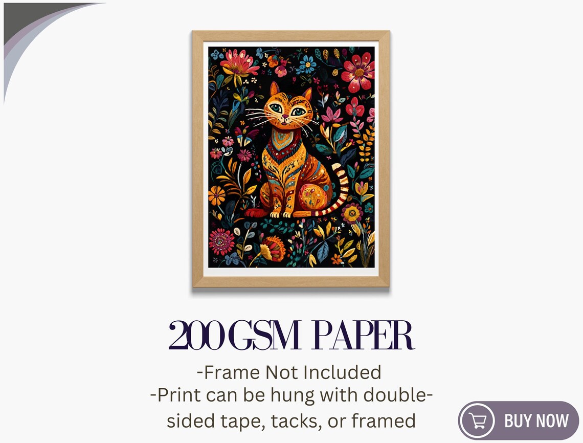 Wide Eyed Orange Tabby Cat Colorful Floral Black Background Print - Image 5