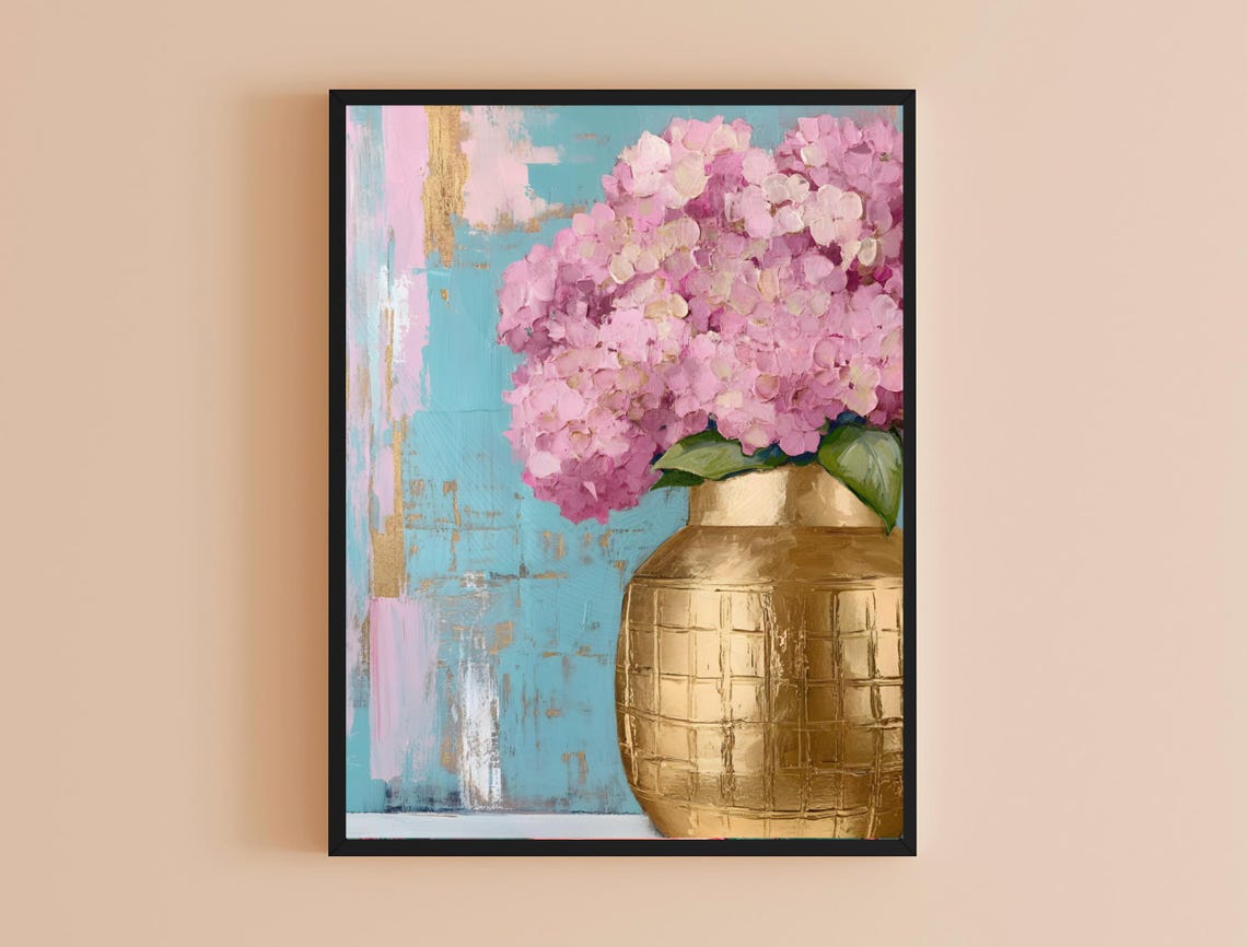 Blush Hydrangea Gold Vase Turquoise Pink Abstract Floral Art Poster