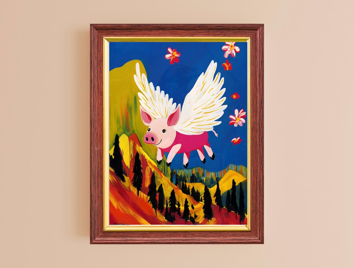 Flying Pig Angel Wings Colorful Mountain Landscape Whimsical Print - Image 2