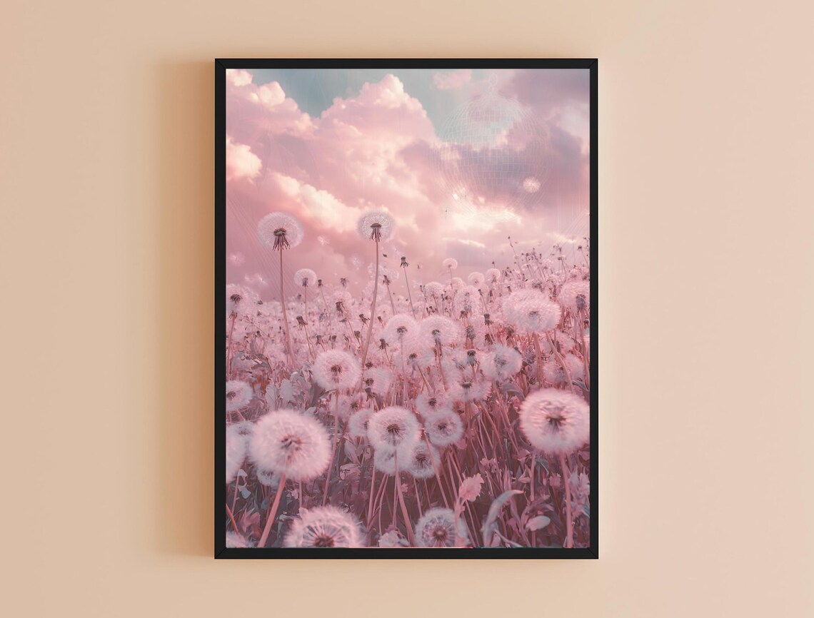 Pink Dandelion Seed Heads Field Dreamy Pastel Sky Botanical Art Poster - Image 4