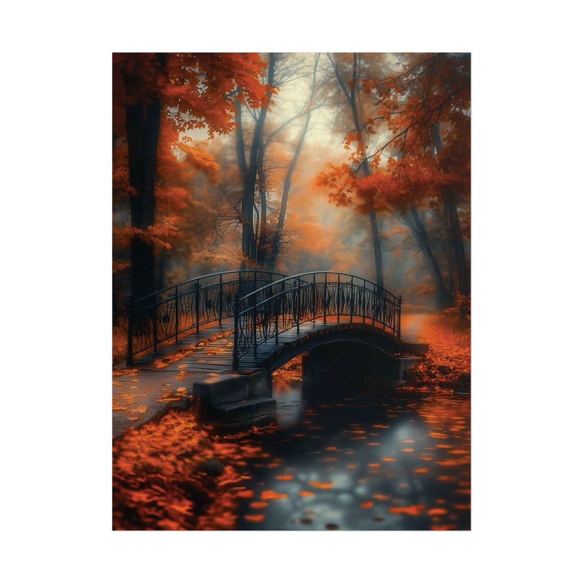 Misty Autumn Forest Iron Bridge Orange Maples Fall Landscape Wall Poster - Image 2