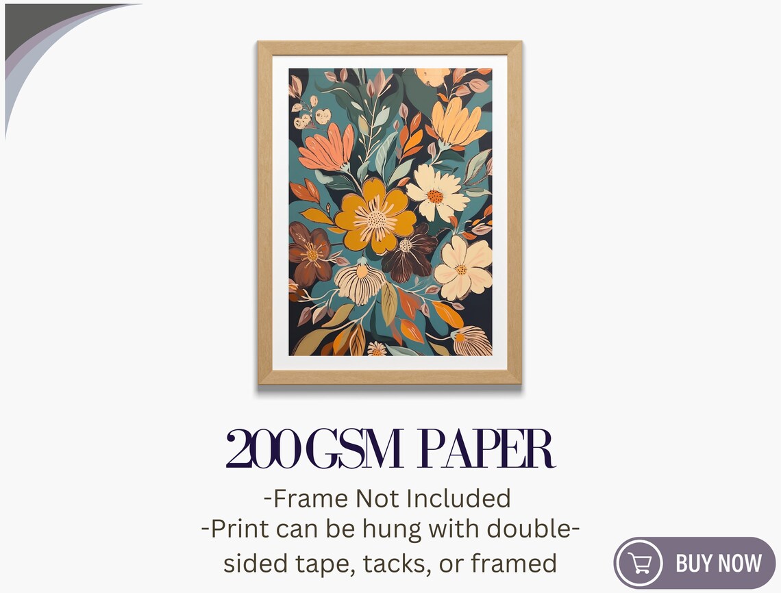 Retro Orange Gold Botanical Flowers Teal Midcentury Floral Art Poster - Image 6