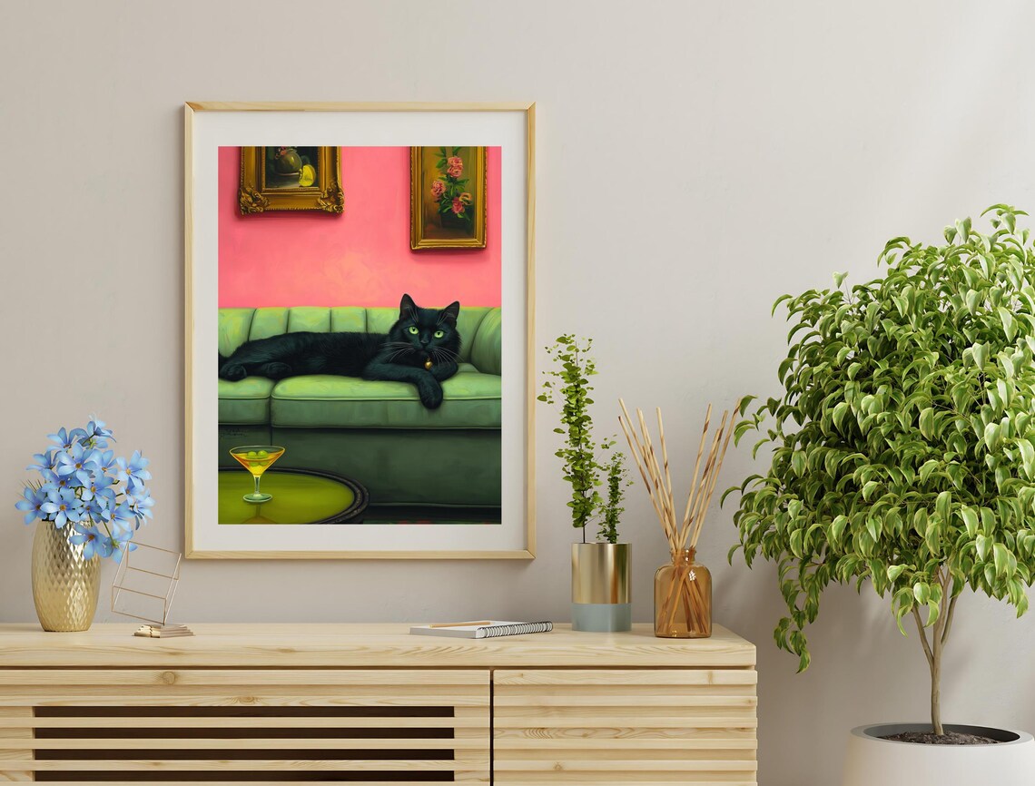 Black Cat Lounging Green Sofa Pink Wall Martini Funny Maximalist Poster - Image 2