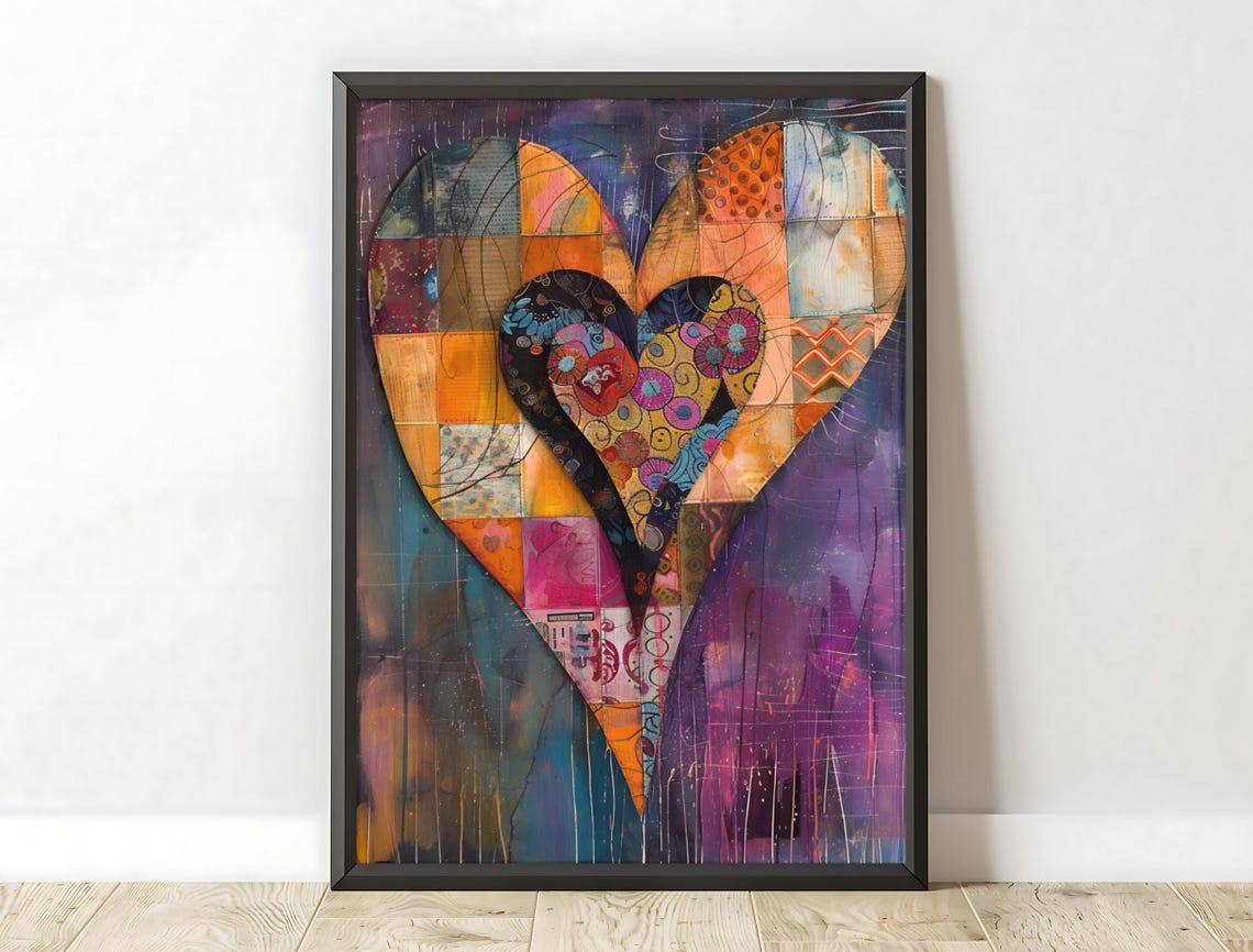 Patchwork Heart Collage Orange Purple Maximalist Abstract Art Print