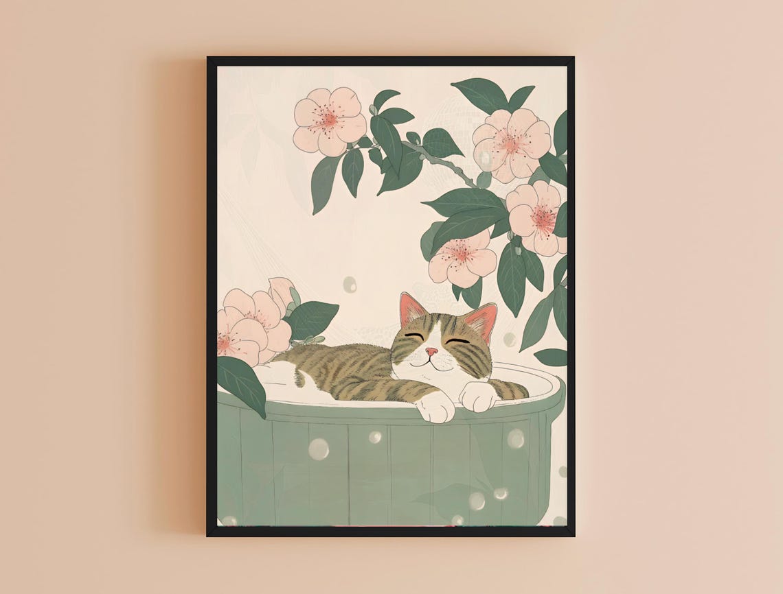 Cat Poster Japandi Art Minimalist Tabby Cat Print Japanese Bathroom Wall Decor Gift Cute Cat Wall Art - Image 4