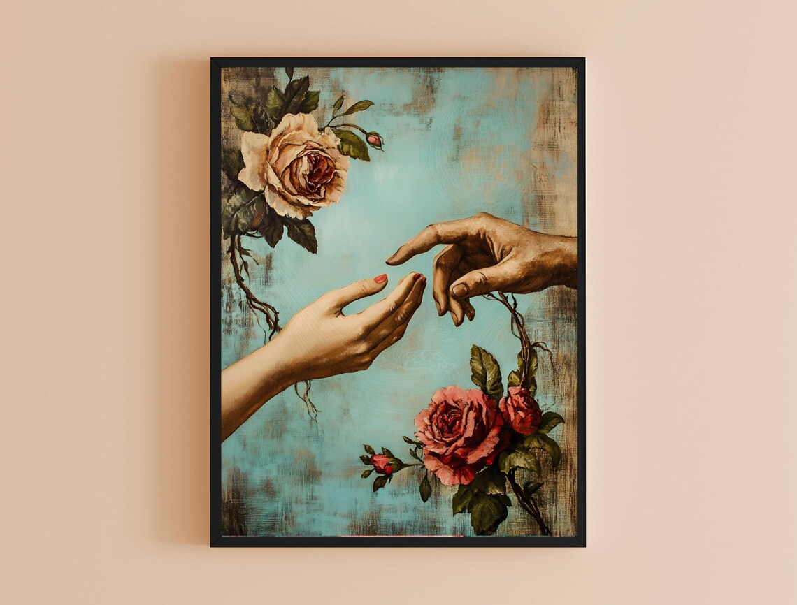 Reaching Hands Roses Vintage Oil Painting Romantic Floral Art Poster