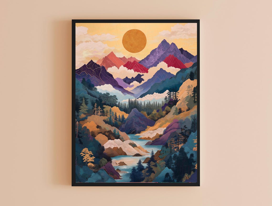 Colorful Layered Mountains Golden Sun River Valley Wall Art Poster - Image 3