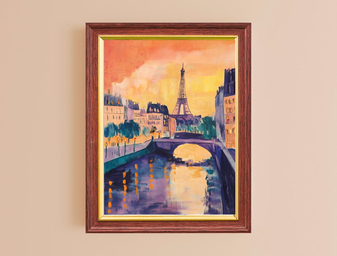 Paris Eiffel Tower Golden Sunset Seine River Bridge Painting Poster - Image 2