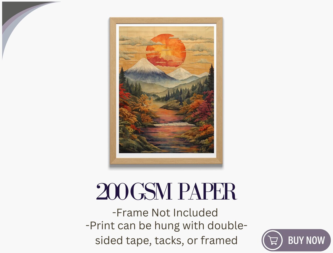 Mount Fuji Big Red Sun Autumn River Valley Classic Japanese Art Poster - Image 5