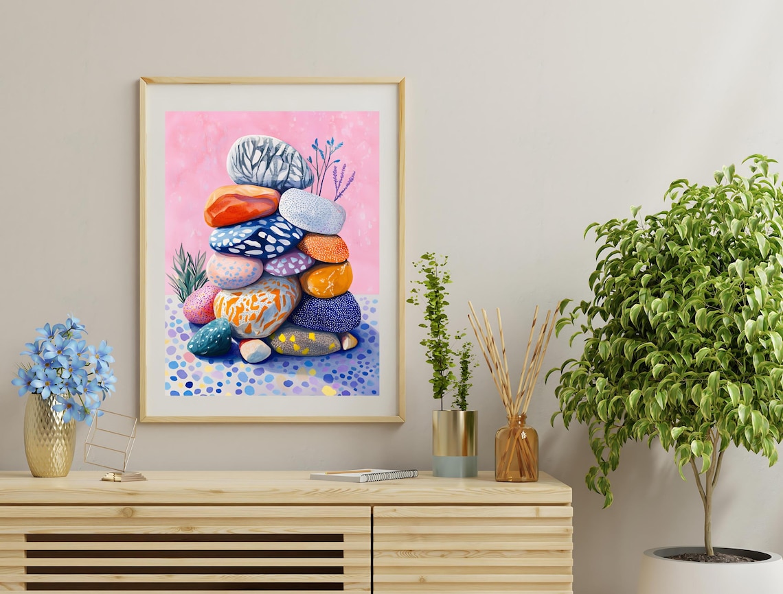 Balanced Painted Rock Cairn Colorful Stones Playful Pink Sky Print - Image 3
