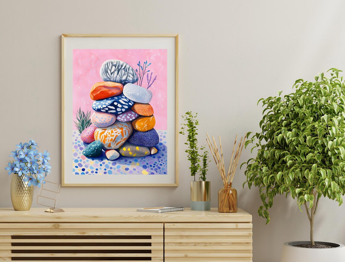 Stacked Painted Stones Colorful Cairn Balanced Rocks Pink Art Print - Image 3