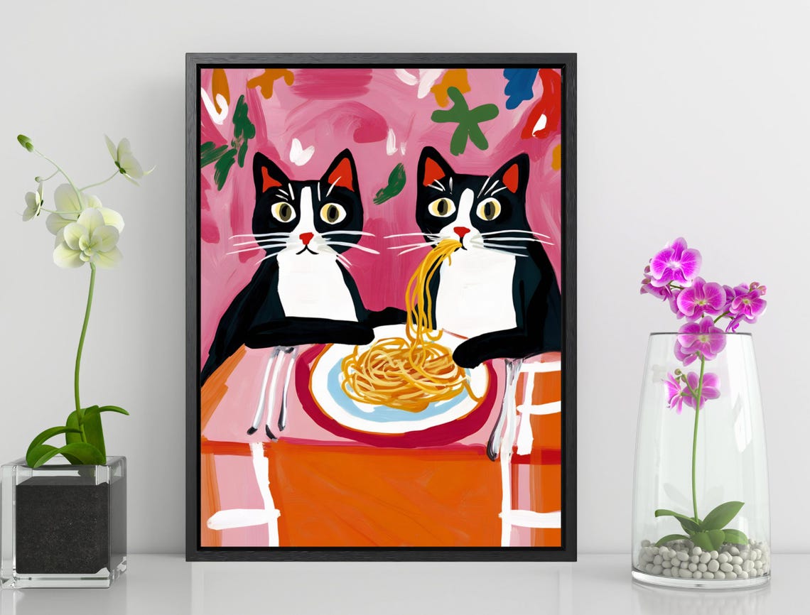 Tuxedo Cats Spaghetti Date Funny Pink Folk Art Kitchen Wall Poster - Image 6