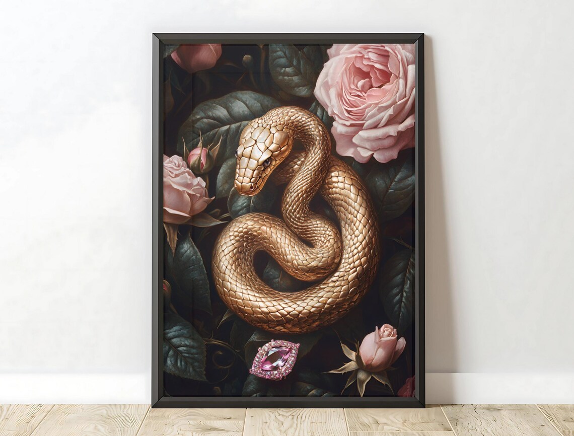 Golden Snake Pink Roses Gemstone Dark Moody Botanical Wall Art Print