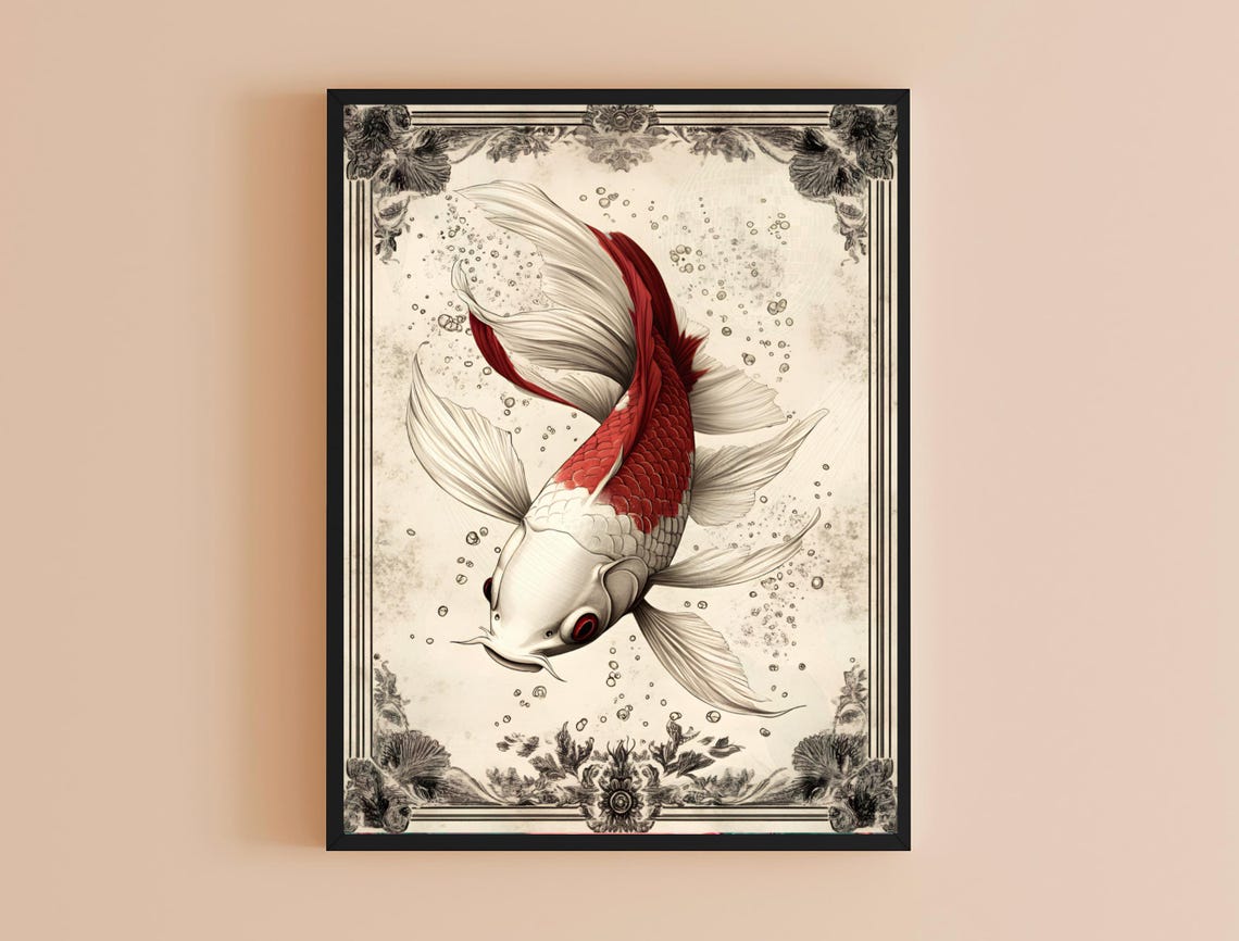 Elegant Red White Koi Fish Flowing Fins Vintage Engraved Art Print