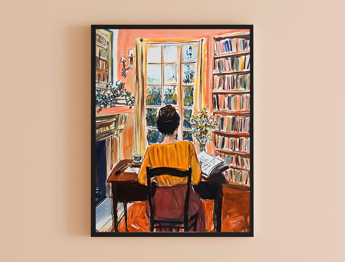 Cozy Library Reading Woman Orange Interior Book Lover Wall Poster - Image 4