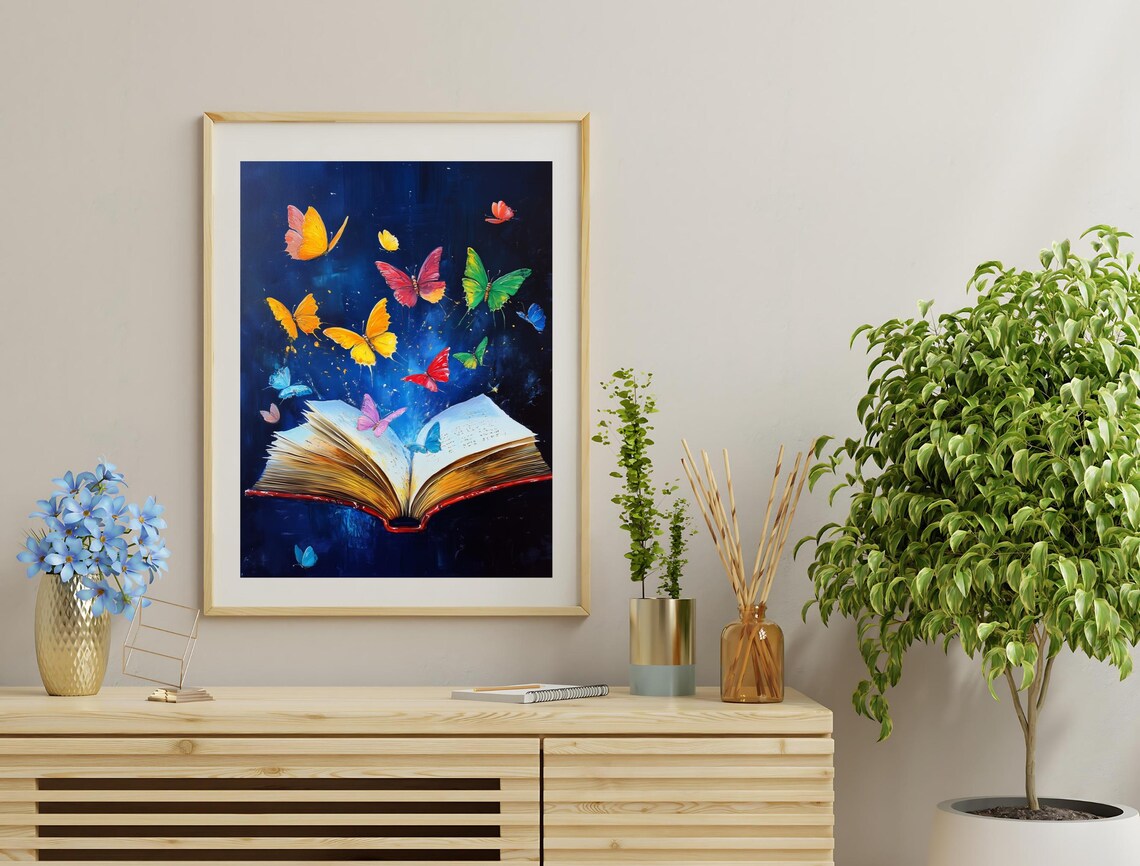 Open Book With Colorful Butterflies Flying Dark Blue Magic Reading Wall Art - Image 3