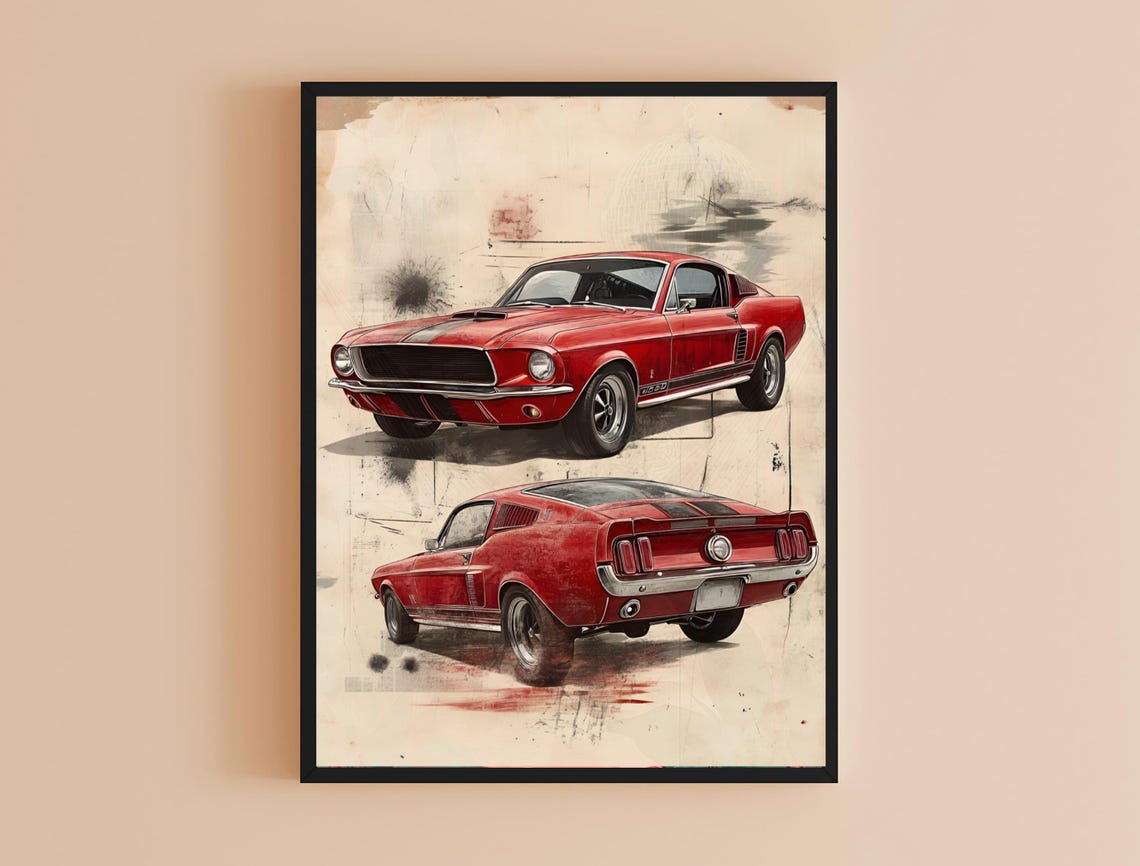 Red Ford Mustang Fastback Front Rear Vintage Sketch Car Wall Poster - Image 4