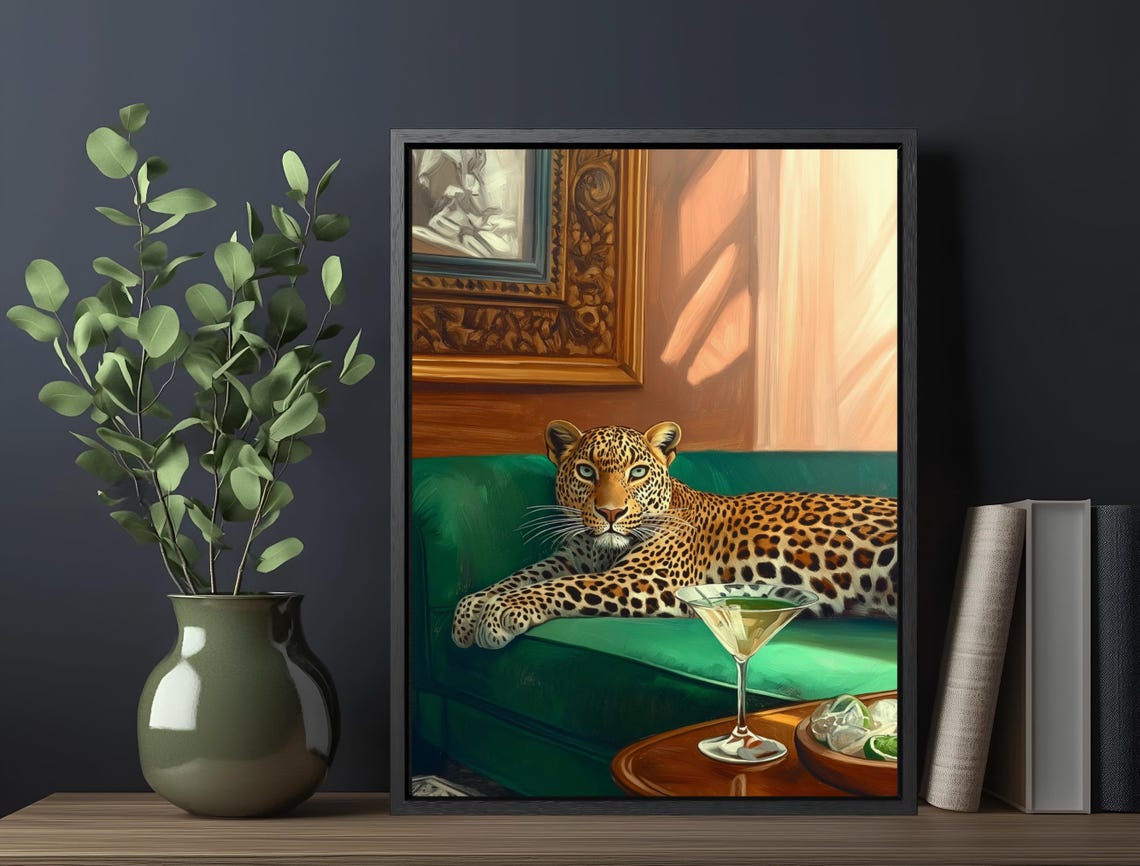 Funny Leopard Relaxing Emerald Sofa With Cocktail Bold Wall Art Poster - Image 6