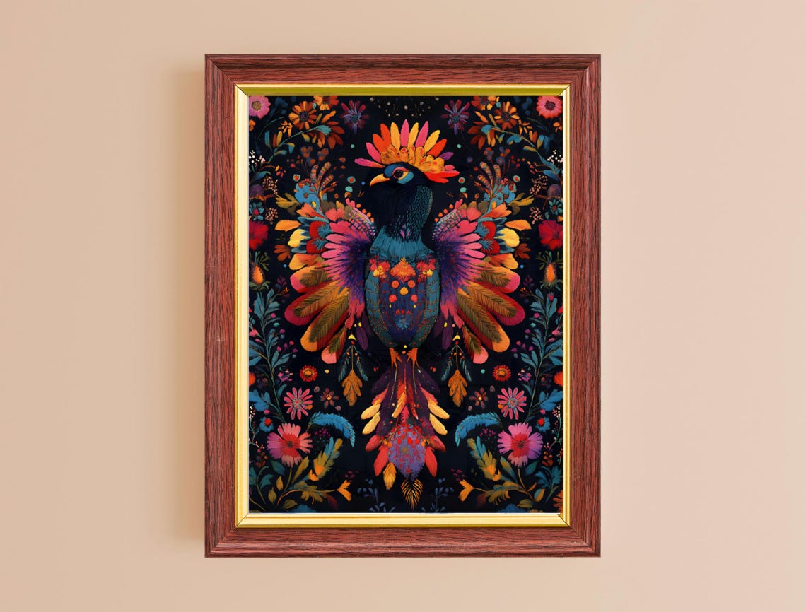 Rainbow Folk Art Bird Multicolor Feathers Dark Floral Maximalist Print - Image 2