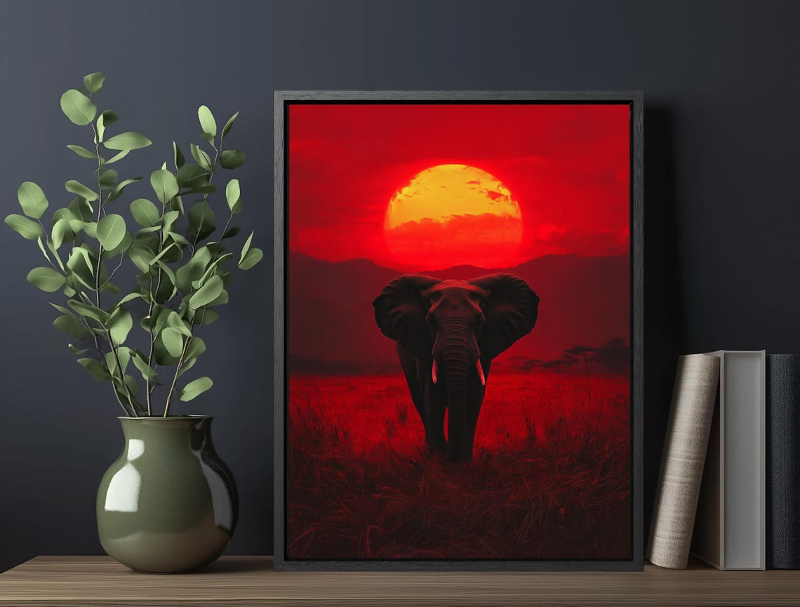 Elephant Red Sunset Savanna Silhouette Dramatic Wildlife Art Poster - Image 6